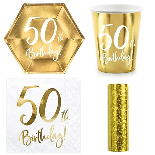 Playflip Party Geschirr 50. Geburtstag Gold Partyset Einweggeschirr 50 Jahre Teller Becher Servietten von Playflip