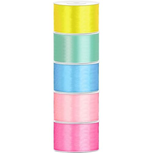 Satin Geschenkband 38mm 5 Farben je 25m lang pastell gelb mit hellblau rosa pink Schleifenband Geschenkverpackung Geburtstag Hochzeit Weihnachten 5er Set von Playflip