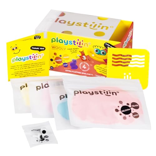 Playstilin Wooly - extra fluffige Spielknete, federleichte, vegane Kinderknete, kreatives Plastilin Knetset mit Zubehör und Werkzeug in der Box, Modelliermasse Nicht trocknend von Playstilin