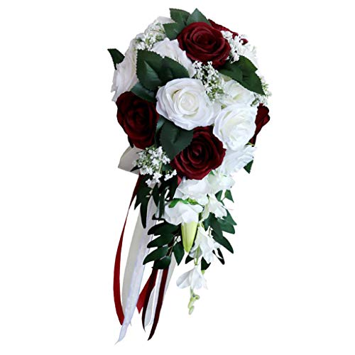 Pleayietoopiatiey Hochzeit Handstrauß Braut hält künstliche Blumen weiß + weinrot von Pleayietoopiatiey