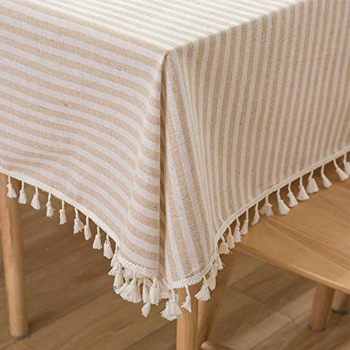 Plenmor Baumwoll-Leinen-Tischdecke, gestreifte Quaste, rechteckig, staubdicht, für Küche, Esszimmer, 140 x 220 cm, Beige von Plenmor