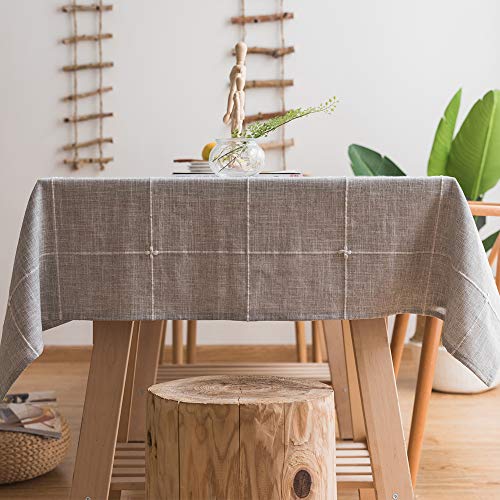 Plenmor Baumwoll-Leinen Tischdecke für rechteckige Tische solide Gitter-Stickerei Tischbedeckung für Küche Esstisch Dekoration(135x300 cm, Grau) von Plenmor