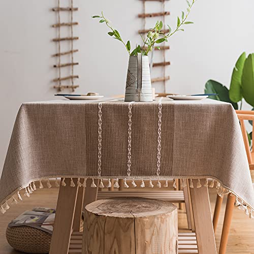 Plenmor Baumwoll-Leinen Tischdecke für rechteckige Tische solide Gitter-Stickerei Tischbedeckung für Küche Esstisch Dekoration (Khaki, 140 x 180 cm) von Plenmor