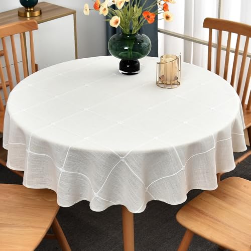 Plenmor Leinen Tischdecke Abwaschbar Weiß, Leinenoptik Tischdeckes Baumwolle Party Tischdecke Rund für Küche, Tischdeckes Outdoor (Weiß, 135cm) von Plenmor