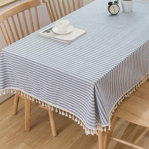 Plenmor Leinen Tischdecke Baumwolle, Leinenoptik Tischdecke Abwaschbar Table Cloth Boho Tischdecke Rechteckig für Küchentisch und Outdoor Tischtuch (Blau, 140 x 180 cm) von Plenmor