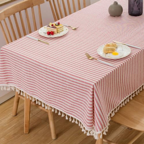 Plenmor Leinen Tischdecke Baumwolle, Leinenoptik Tischdecke Abwaschbar Table Cloth Boho Tischdecke Rechteckig für Küchentisch und Outdoor Tischtuch (Rot, 140 x 140 cm) von Plenmor