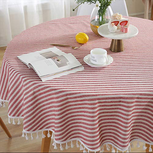 Plenmor Leinen Tischdecke Rund Baumwolle, Leinenoptik Tischdecke Table Cloth Boho Tischdecke Rund Abwaschbar für Küchentisch und Outdoor Tischtuch (Rot, Rund, 150 cm) von Plenmor