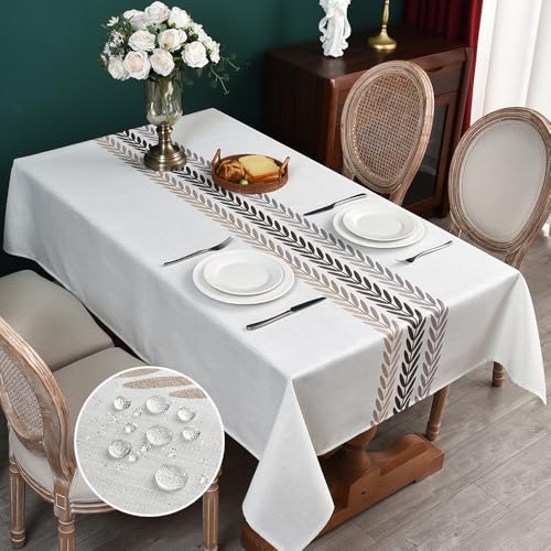 Plenmor Leinenoptik Tischdecke Abwaschbar Beige, Lotuseffekt Wasserabweisend Tischdecke für Küche,Garten, Party, Outdoor (Wheat Coffee, 250x135cm) von Plenmor