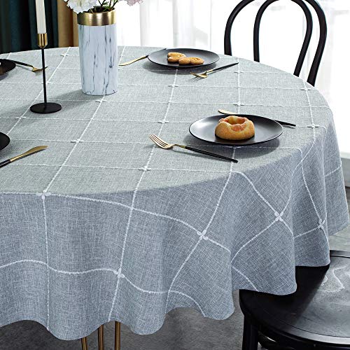 Plenmor Runde Tischdecke, strapazierfähig, Baumwollleinen, solide Stickerei, Gitter-Tischdecke, Schutz für Küche, Esszimmer, Tischdekoration (Rund, 135 cm im Durchmesser, Grau) von Plenmor