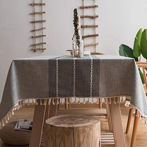 Plenmor Schwere Baumwoll-Leinen-Tischdecke, staubdichte Quasten-Tischdecke für Küche, Esszimmer, Bauernhaus, Tischdekoration (140 x 220 cm, A-Grau) von Plenmor