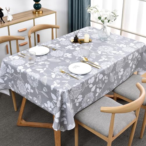Plenmor Wachstuchtischdecke PVC Tischdecke Plastik, Tischdecke Outdoor eckig Table Cloth Waterproof Abwischbare Tischtuch Dining Table Cover (Grau Blumen, 215 x 137 cm) von Plenmor