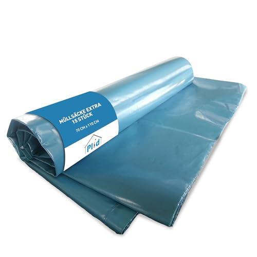 Plid® Müllsäcke Extrastark 70my, 120L, 15 Stück - Blau/Abfallsack, Mülltüte, Abfallbeutel, Blauer Sack, Reißfest, 77 cm x 110 cm von Plid