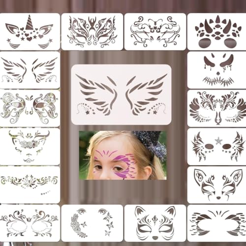 16 Stück Schablonen für Gesichtsbemalung, wiederverwendbare Gesichter, Make-up, Malschablonen, Körpermalerei-Schablonen, Tattoo-Malvorlagen für Kinder, Urlaub, Party, Halloween, Weihnachten von Plipdhy