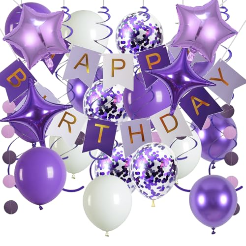 Violette "Happy Birthday"-Banner-Dekorationen, Happy Birthday-Banner und violette Luftballons für Frauen, Mädchen, mit 30,5 cm großen, pastellfarbenen Geburtstagsparty-Ballons und Band, elegant Violette "Happy Birthday"-Banner-Dekorationen, Happy Birthday-Banner und violette Luftballons für Frauen, Mädchen, mit 30,5 cm großen, pastellfarbenen Geburtstagsparty-Ballons und Band, elegant von Plipdhy