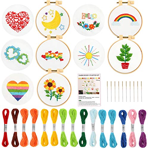 Pllieay 10 Teiliges Stickerei Set für Kinder inklusive Anleitung (evtl. nicht in deutscher Sprache), Muster, Stickgarn, Stickrahmen,Nadel von Pllieay