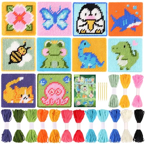 Pllieay 10-in-1 Kreuzstich Anfängerset für Kinder, Stickerei Kit enthält 10pcs Kunststoff Mesh Canvas mit Muster, 15 Garne, 5 Webenadeln, Nadelspitzen Starter Kit Nähen Set mit Anleitung von Pllieay