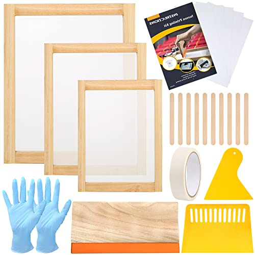 Pllieay 24-teiliges Siebdruck-Starter-Set enthält 3 verschiedene Größen von Holz-Siebdruckrahmen mit Netz, Siebdruck-Rakel, Schaber, Tintenstrahl-Transparenzfolie, Handschuhe und Maskenband von Pllieay