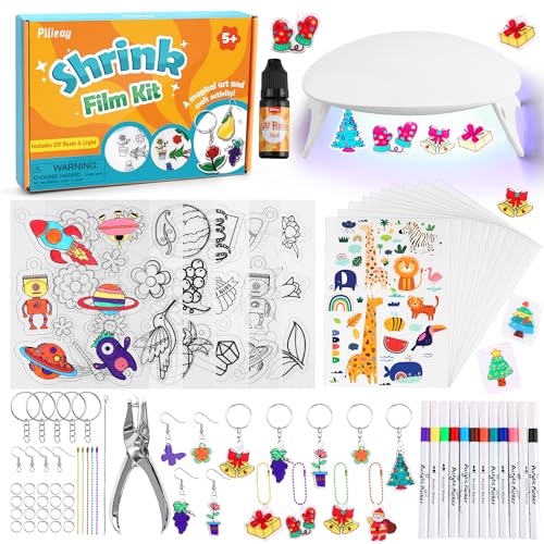 Pllieay Shrink Plastic Kit Include 15 Shrink Plastic Sheets A5,UV Resin Light with UV Resin, Acrylic Pen, Shrinkles Keychains Making Kit for Kids Craft and Art DIY Ornaments or Creative Craft von Pllieay