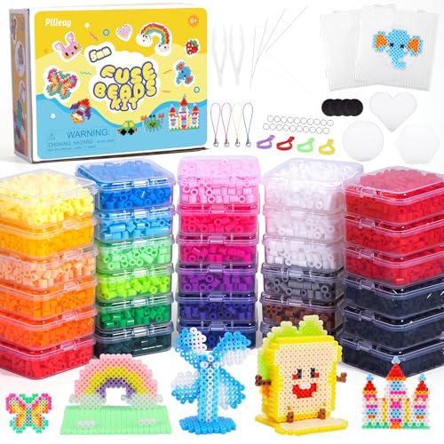 Pllieay Sicherungsperlen-Set mit Aufbewahrungsboxen, 5 mm Schmelzperlen-Set, Eisenperlen-Set, inklusive 5 Stecktafeln, Bügelpapier und Zubehör für Kunst- und Bastelprojekte, Geburtstag, Weihnachten von Pllieay