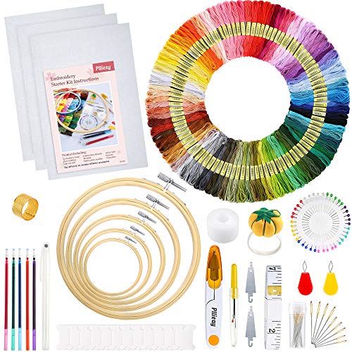 Pllieay Stickerei Set, Embroidery Kit mit Anleitung, 5 Bambus-Stickrollen, 100 Stickgarn, 3 Aida-Tücher und Kreuzstich-Werkzeug-Set zum Nähen, Sticken Set Erwachsene von Pllieay