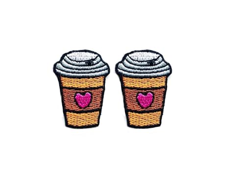 PLpatch Set mit 2 kleinen Mini-Flicken mit kleinen Kaffeetassen, Cartoon-Logo, 1 Flicken zum Aufnähen oder Aufbügeln, bestickte Applikation, Abzeichen, Kleidung, Kostüm von Ploen Love