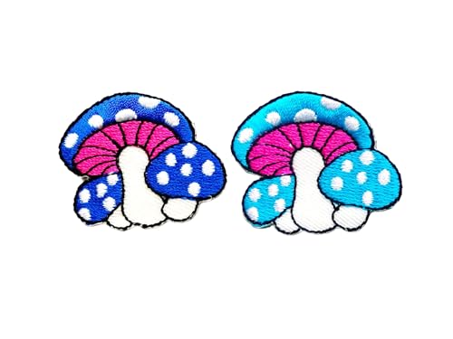 PLpatch Set mit 2 kleinen Pilzen mit Punkten, niedliches Cartoon-Zauberpilz-Logo, 1 Aufnäher, zum Aufbügeln, bestickte Applikation, Abzeichen, Schild, Patch, Kleidung, Kostüm (Blau 2-Blau1) von Ploen Love