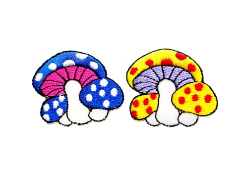PLpatch Set mit 2 kleinen Pilzen mit Punkten, niedliches Cartoon-Zauberpilz-Logo, 1 Aufnäher, zum Aufbügeln, bestickte Applikation, Abzeichen, Schild, Patch, Kleidung, Kostüm (Blau 2-Gelb) von Ploen Love
