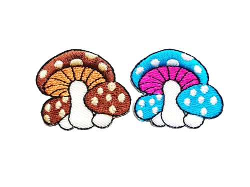 PLpatch Set mit 2 kleinen Pilzen mit Punkten, niedliches Cartoon-Zauberpilz-Logo, 1 Aufnäher, zum Aufbügeln, bestickte Applikation, Abzeichen, Schild, Patch, Kleidung, Kostüm (Braun-Blau1) von Ploen Love