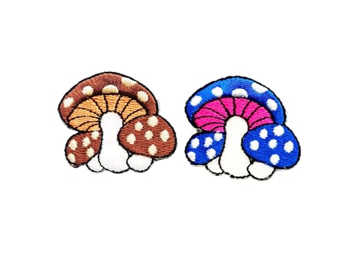 PLpatch Set mit 2 kleinen Pilzen mit Punkten, niedliches Cartoon-Zauberpilz-Logo, 1 Aufnäher, zum Aufbügeln, bestickte Applikation, Abzeichen, Schild, Patch, Kleidung, Kostüm (Braun-Blau2) von Ploen Love