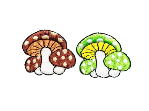 PLpatch Set mit 2 kleinen Pilzen mit Punkten, niedliches Cartoon-Zauberpilz-Logo, 1 Aufnäher, zum Aufbügeln, bestickte Applikation, Abzeichen, Schild, Patch, Kleidung, Kostüm (Braun-Grün1) von Ploen Love