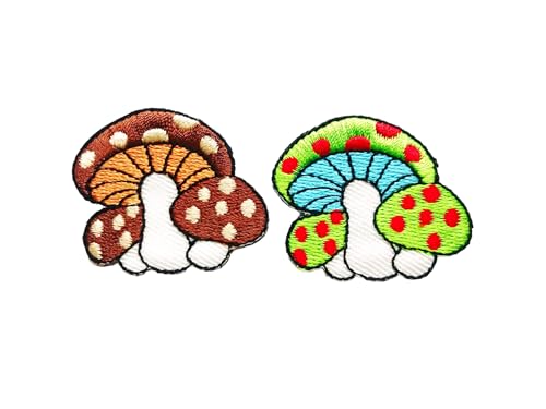 PLpatch Set mit 2 kleinen Pilzen mit Punkten, niedliches Cartoon-Zauberpilz-Logo, 1 Aufnäher, zum Aufbügeln, bestickte Applikation, Abzeichen, Schild, Patch, Kleidung, Kostüm (Braun-Grün2) von Ploen Love