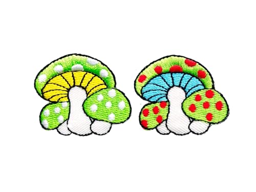 PLpatch Set mit 2 kleinen Pilzen mit Punkten, niedliches Cartoon-Zauberpilz-Logo, 1 Aufnäher, zum Aufbügeln, bestickte Applikation, Abzeichen, Schild, Patch, Kleidung, Kostüm (Grün 1-Grün2) von Ploen Love