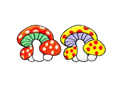 PLpatch Set mit 2 kleinen Pilzen mit Punkten, niedliches Cartoon-Zauberpilz-Logo, 1 Aufnäher, zum Aufbügeln, bestickte Applikation, Abzeichen, Schild, Patch, Kleidung, Kostüm (Orange-Gelb) von Ploen Love