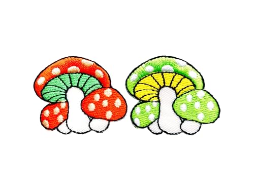 PLpatch Set mit 2 kleinen Pilzen mit Punkten, niedliches Cartoon-Zauberpilz-Logo, 1 Aufnäher, zum Aufbügeln, bestickte Applikation, Abzeichen, Schild, Patch, Kleidung, Kostüm (Orange-Grün1) von Ploen Love