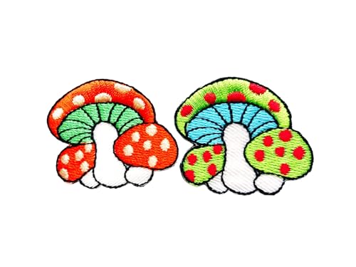 PLpatch Set mit 2 kleinen Pilzen mit Punkten, niedliches Cartoon-Zauberpilz-Logo, 1 Aufnäher, zum Aufbügeln, bestickte Applikation, Abzeichen, Schild, Patch, Kleidung, Kostüm (Orange-Grün2) von Ploen Love