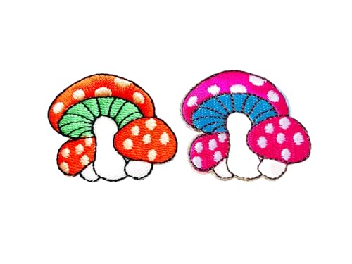 PLpatch Set mit 2 kleinen Pilzen mit Punkten, niedliches Cartoon-Zauberpilz-Logo, 1 Aufnäher, zum Aufbügeln, bestickte Applikation, Abzeichen, Schild, Patch, Kleidung, Kostüm (Orange-Rosa) von Ploen Love