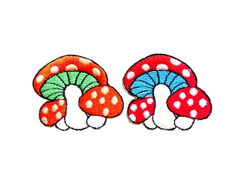 PLpatch Set mit 2 kleinen Pilzen mit Punkten, niedliches Cartoon-Zauberpilz-Logo, 1 Aufnäher, zum Aufbügeln, bestickte Applikation, Abzeichen, Schild, Patch, Kleidung, Kostüm (Orange-Rot) von Ploen Love