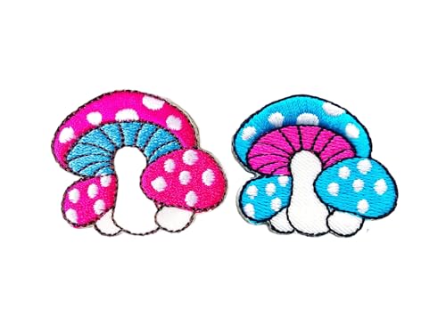 PLpatch Set mit 2 kleinen Pilzen mit Punkten, niedliches Cartoon-Zauberpilz-Logo, 1 Aufnäher, zum Aufbügeln, bestickte Applikation, Abzeichen, Schild, Patch, Kleidung, Kostüm (Rosa-Blau1) von Ploen Love