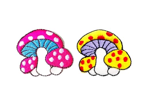 PLpatch Set mit 2 kleinen Pilzen mit Punkten, niedliches Cartoon-Zauberpilz-Logo, 1 Aufnäher, zum Aufbügeln, bestickte Applikation, Abzeichen, Schild, Patch, Kleidung, Kostüm (Rosa-Gelb) von Ploen Love