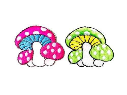 PLpatch Set mit 2 kleinen Pilzen mit Punkten, niedliches Cartoon-Zauberpilz-Logo, 1 Aufnäher, zum Aufbügeln, bestickte Applikation, Abzeichen, Schild, Patch, Kleidung, Kostüm (Rosa-Grün1) von Ploen Love