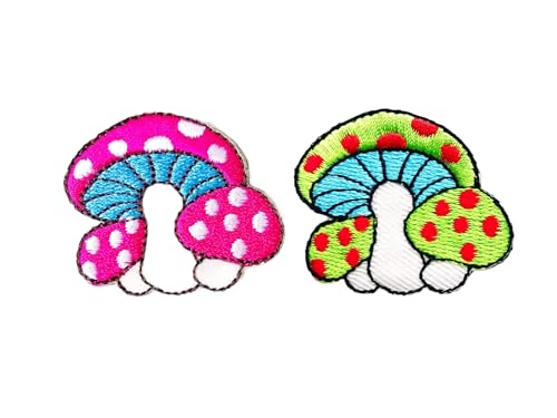 PLpatch Set mit 2 kleinen Pilzen mit Punkten, niedliches Cartoon-Zauberpilz-Logo, 1 Aufnäher, zum Aufbügeln, bestickte Applikation, Abzeichen, Schild, Patch, Kleidung, Kostüm (Rosa-Grün2) von Ploen Love