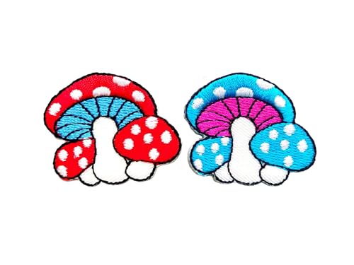 PLpatch Set mit 2 kleinen Pilzen mit Punkten, niedliches Cartoon-Zauberpilz-Logo, 1 Aufnäher, zum Aufbügeln, bestickte Applikation, Abzeichen, Schild, Patch, Kleidung, Kostüm (Rot-Blau1) von Ploen Love