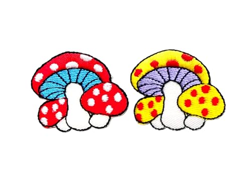 PLpatch Set mit 2 kleinen Pilzen mit Punkten, niedliches Cartoon-Zauberpilz-Logo, 1 Aufnäher, zum Aufbügeln, bestickte Applikation, Abzeichen, Schild, Patch, Kleidung, Kostüm (Rot-Gelb) von Ploen Love