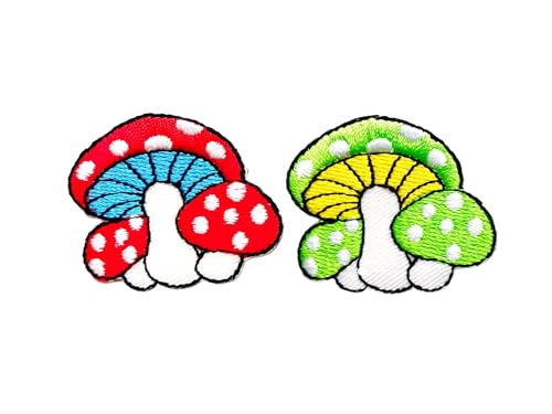 PLpatch Set mit 2 kleinen Pilzen mit Punkten, niedliches Cartoon-Zauberpilz-Logo, 1 Aufnäher, zum Aufbügeln, bestickte Applikation, Abzeichen, Schild, Patch, Kleidung, Kostüm (Rot-Grün1) von Ploen Love