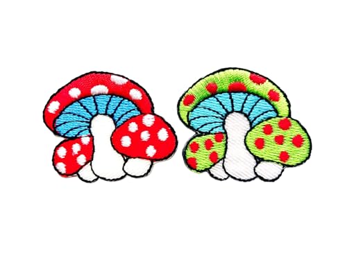 PLpatch Set mit 2 kleinen Pilzen mit Punkten, niedliches Cartoon-Zauberpilz-Logo, 1 Aufnäher, zum Aufbügeln, bestickte Applikation, Abzeichen, Schild, Patch, Kleidung, Kostüm (Rot-Grün2) von Ploen Love