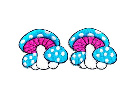 PLpatch Set mit 2 kleinen Pilzen mit Punkten, niedliches Cartoon-Zauberpilz-Logo, 1 Aufnäher, zum Aufbügeln, bestickte Applikation, Abzeichen, Schild, Patch, Kleidung, Kostüm (blau1) von Ploen Love