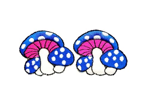 PLpatch Set mit 2 kleinen Pilzen mit Punkten, niedliches Cartoon-Zauberpilz-Logo, 1 Aufnäher, zum Aufbügeln, bestickte Applikation, Abzeichen, Schild, Patch, Kleidung, Kostüm (blau2) von Ploen Love