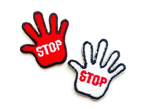 PLpatch Set mit 2 winzigen Mini-Stop-Hand-Symbol-Dekor, niedliches Cartoon-Logo, zum Aufnähen oder Aufbügeln, bestickte Applikation, Abzeichen, Schild, Patch, Kleidung, Kostüm (Rot-Weiß) von Ploen Love