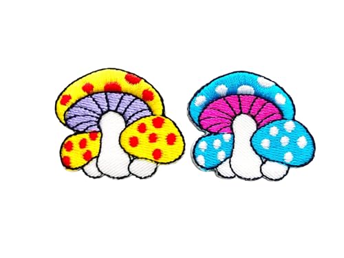 PLpatch Set mit 2 winzigen Pilzen mit Punkten, niedliches Cartoon-Magic-Pilz-Logo, 1 Aufnäher, bestickte Applikation, Abzeichen, Schild, Patch, Kleidung, Kostüm (Gelb-Blau1) von Ploen Love