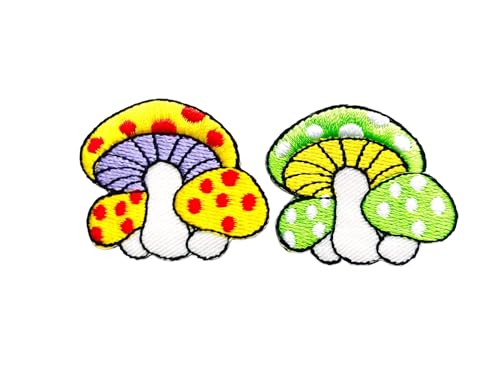 PLpatch Set mit 2 winzigen Pilzen mit Punkten, niedliches Cartoon-Magic-Pilz-Logo, 1 Aufnäher, bestickte Applikation, Abzeichen, Schild, Patch, Kleidung, Kostüm (Gelb-Grün1) von Ploen Love